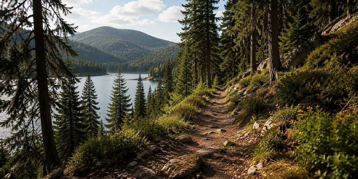 A trail climbing through pines toward a mountain lake